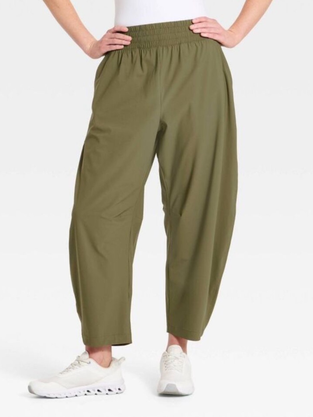 Women's High-Rise Woven Barrel Leg Pants - All In Motion Dark Olive Green L - Picture 3 of 4